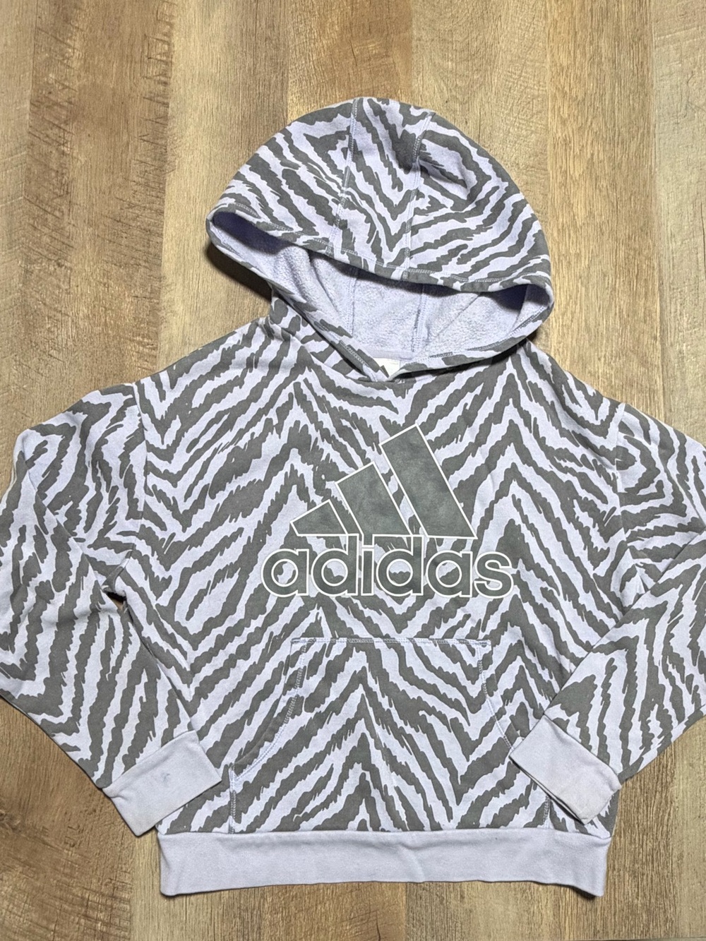 Adidas Girls Zebra Print Logo Pullover Hoodie Gray White Size 10/12